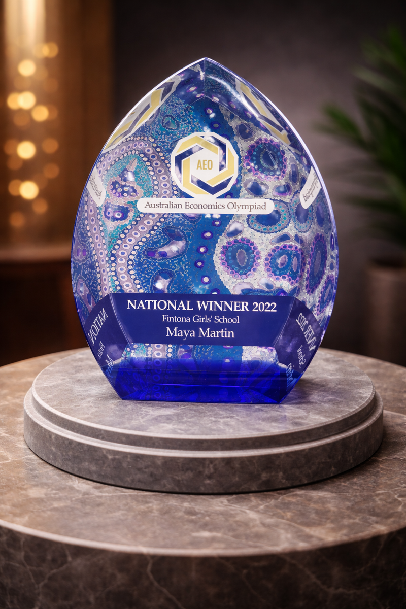 Custom crystal corporate award with blue printed design